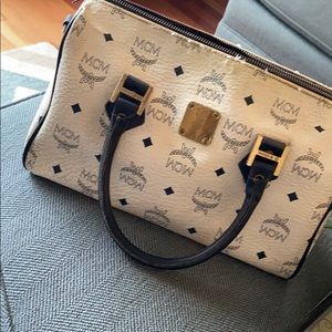 MCM white and navy satchel